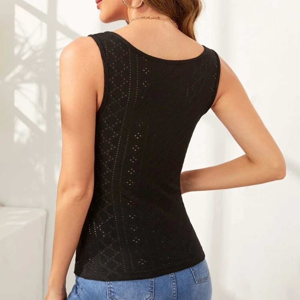 Shein - Solid Eyelet Embroidered Tank Top - Picture 2 of 6